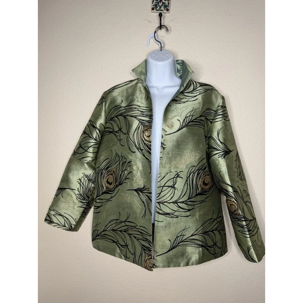 Grace Chuang New York Feather Print Open Jacket Sz S Multicolor Reversible Green - Picture 1 of 16